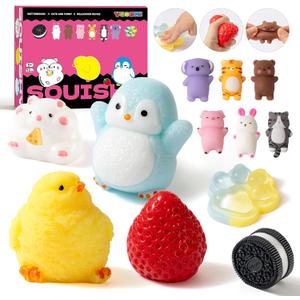 12 Pcs Taba Squishy Toys Pack Include (1 Strawberry, 1 Cat Paw, 1 Cookie, 1 Hamster, 1 Chick, 1 Penguin, 6 Mochi) Cute Taba Sensory Stress Relief Toys, Squishy Fidget Toys Adults, Party Favors Gifts for Kids