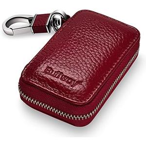 Buffway Car Key Chain Bag,Genuine Leather Car Keychain Coin Holder Metal Hook and Keyring Wallet Zipper Case for Auto Remote Key Fob - Cherry