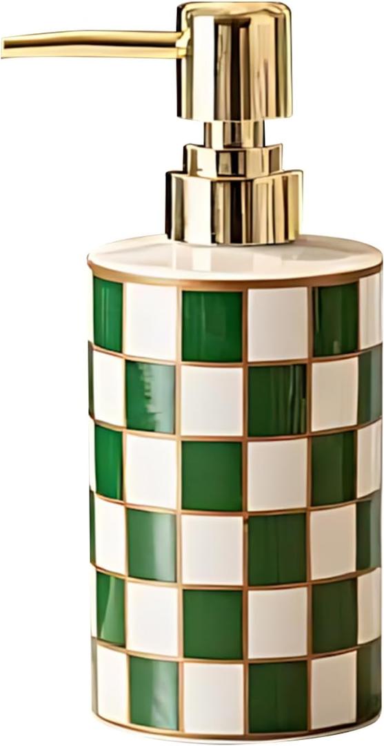 Green White Checkered Ceramic Soap Dispenser, Checkerboard Refillable Lotion Dispenser Pump Bottle for Kitchen, Bathroom Countertop, Modern Farmhouse Home Decor, 10oz (Green)