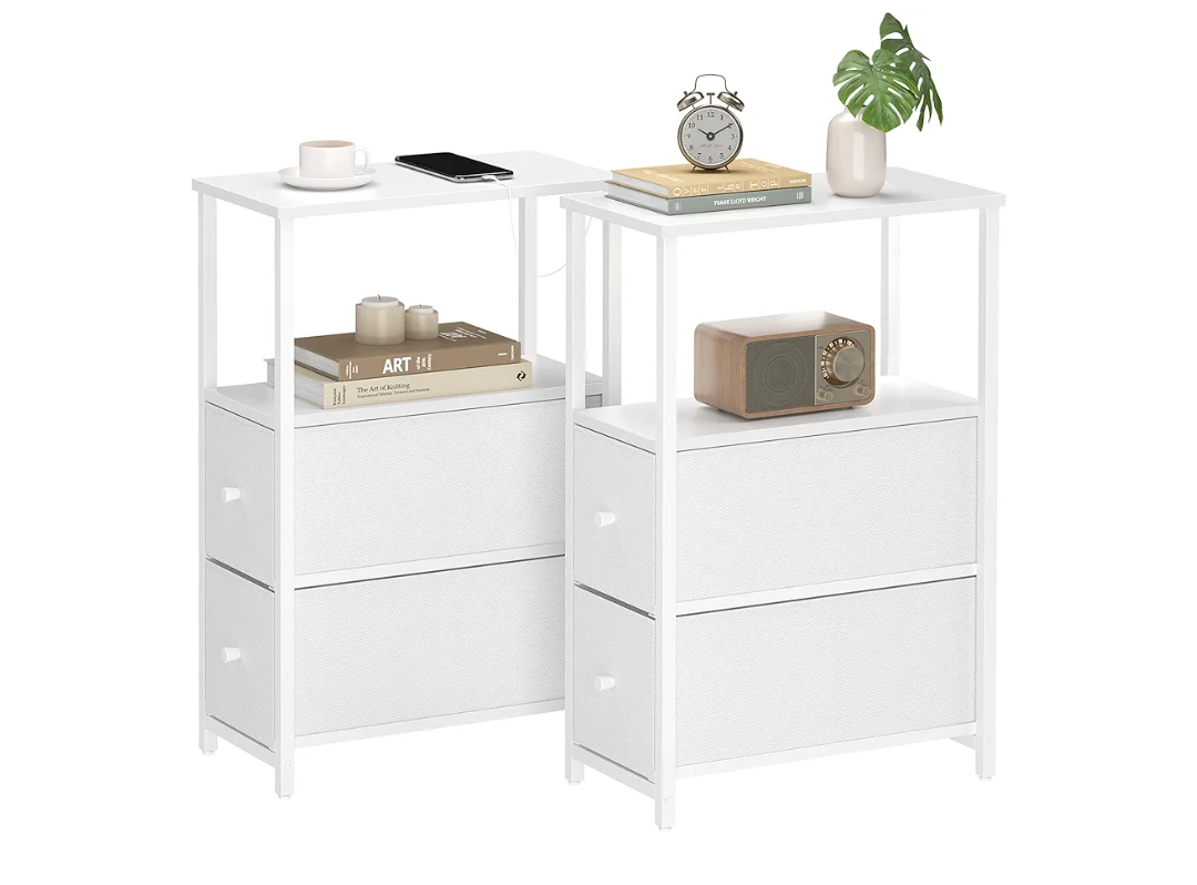 TUTOTAK Small Narrow End Table, Set of 2, Side Table, Nightstand with 2 Cloth Drawers, Couch Table, for Living Room, Bedroom, Bedside, White TB01BW054