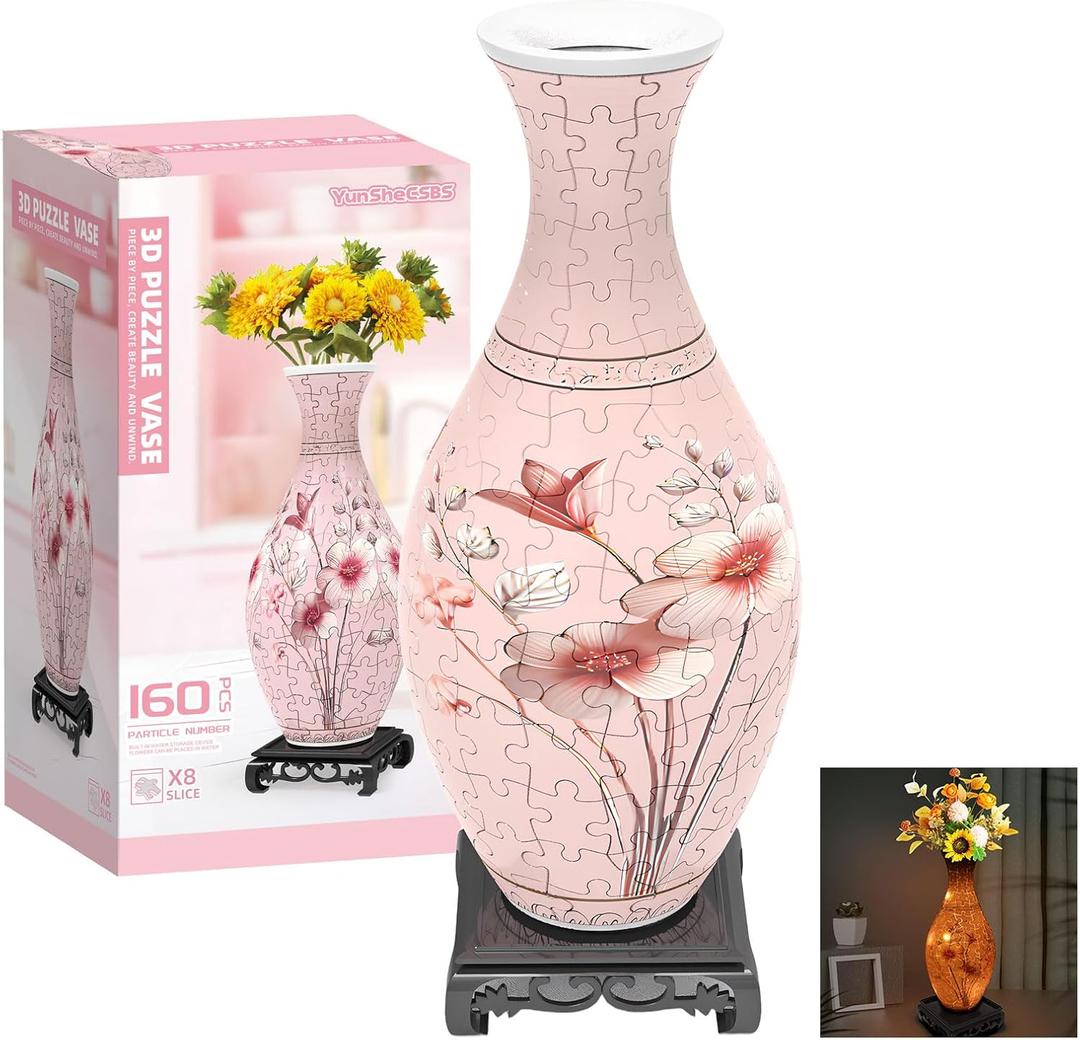 3D Puzzles Vase for Adults, Crafts for Adults, Gifts for Mom, 160 Pieces Plastic DIY Unique Flower Vase with LED Light House Warming Gift Birthday Gifts for Flower Arrangements and Home Decor (Pink)