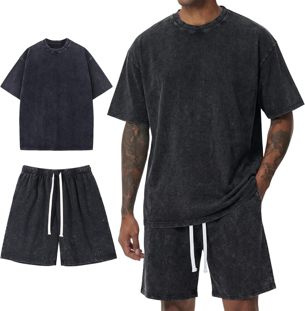 Arssm Mens Short Sets Outfits 2 Piece Summer Outfits Oversized T-Shirt Shorts Set Acid Wash Short Sleeve Tracksuit, XL