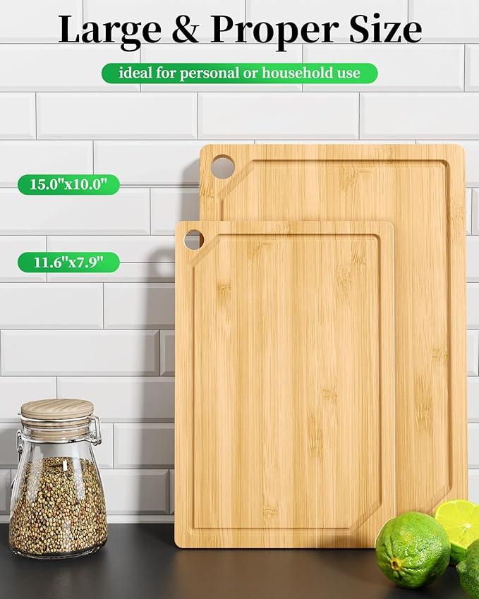 Kitsure Bamboo Cutting Board - Multi-Sizes Wooden Cutting Boards for Kitchen, Convenient Kitchen Essentials with Deep Juice Grooves, Natural Cutting Board for Chopping & Serving, 2 Pack
