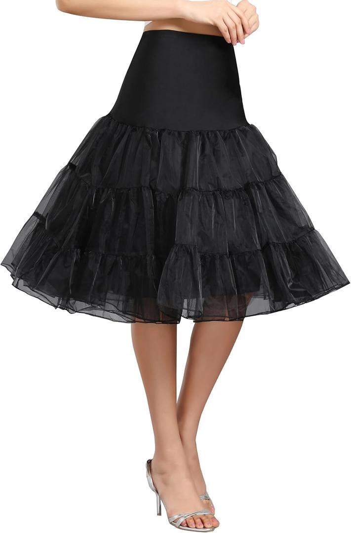 Women's 50s Vintage Petticoat Half Slip Tutu Underskirt 25.59" Crinoline Rockabilly (Black, L)