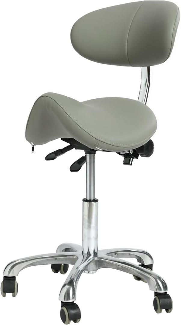 Saddle Barber Stool with Lumbar Support,Pneumatic Adjustable Height Rolling Salon Chair,Heavy Duty PU Leather Swivel Work Seat for Hair Salon Barber Shop Tattoo Studio Office,520 lbs Capacity, With Back