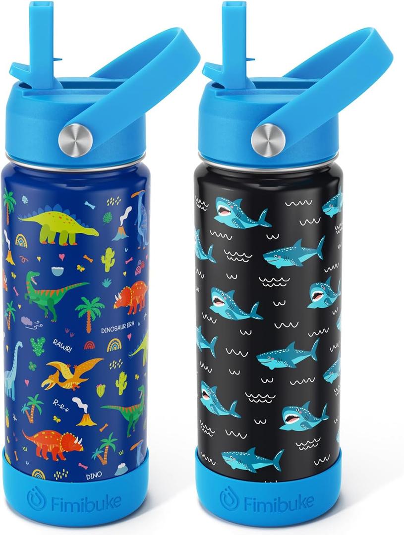 Fimibuke Kids Insulated Water Bottle, 18oz BPA FREE Kids Cups with Straw Double Wall Vacuum Tumbler 18/8 Stainless Steel Leak Proof Toddler Water Bottle for School Boys Girls (2 Pack, Dinosaur/Shark)