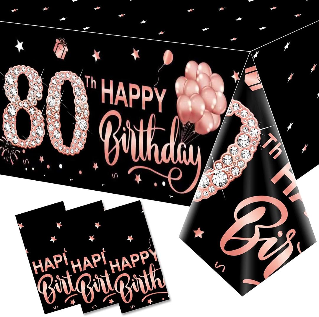 3 Pack Rose Gold 80th Birthday Tablecloth Decorations - Happy Eighty Birthday Theme Table Cover Party Supplies, Plastic Disposable Rectangular Table Cloth Decor