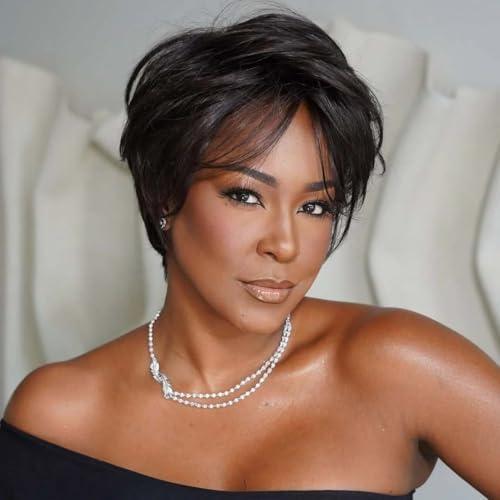 Pixie Cut Wigs with Bangs Human Hair for Black Women Non Lace Full Machine Made Glueless Rose Net Cap Short Straight Pixie Wig Brazilian Virgin Glueless Bob Wig Human Hair Short Layered Wigs For Women