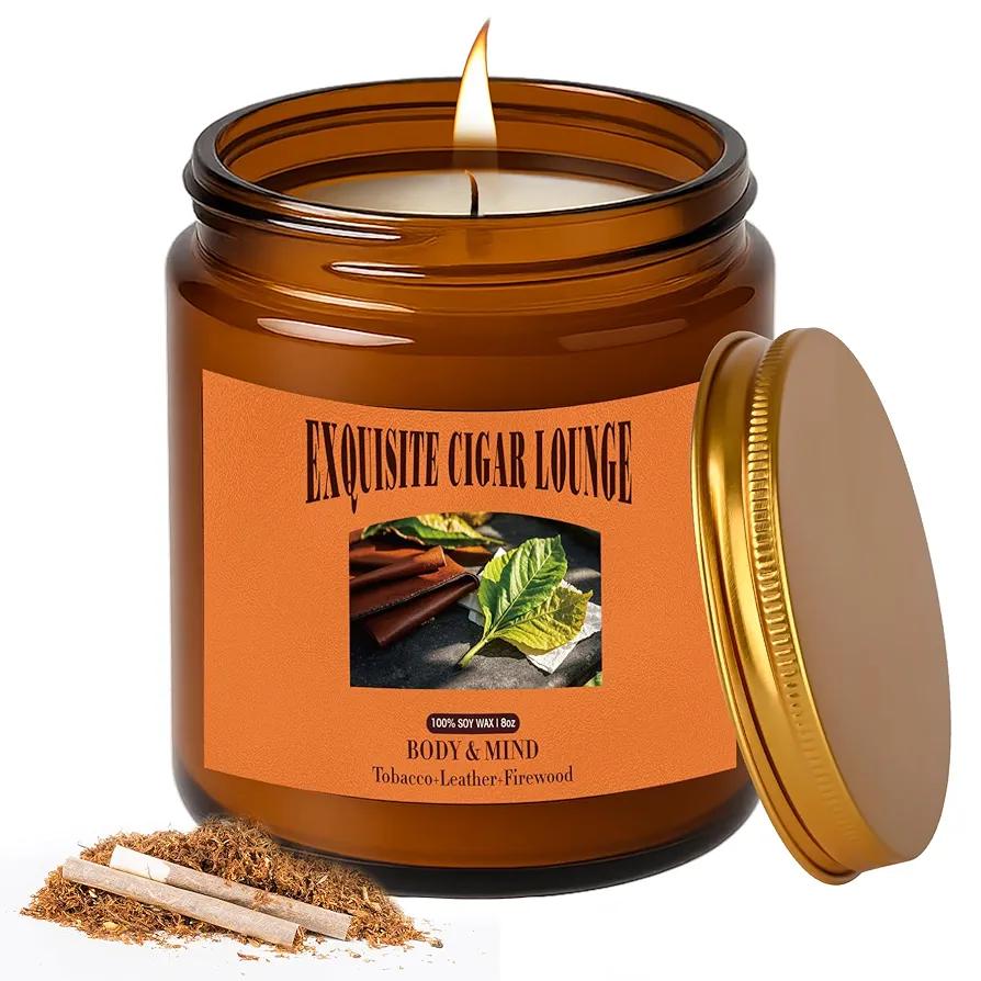 Tobacco & Leather Candles for Home Scented, 8oz Natural Soy Wax Masculine Scents Jar Candle Gifts for Men, Friends, Teacher, Relaxation & Stress Relief, 40H Long Burning