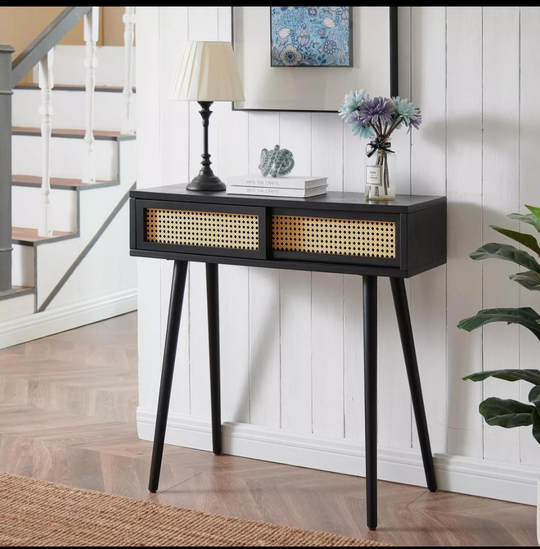 Hotraffy Rattan Console Table, Boho Entryway Tables, Vanity Desk, Rattan Dresser, Farmhouse Wood Sofa Table Behind The Couch, Modern Narrow Side Table for Hallway, Living Room, Foyer, 31", Black