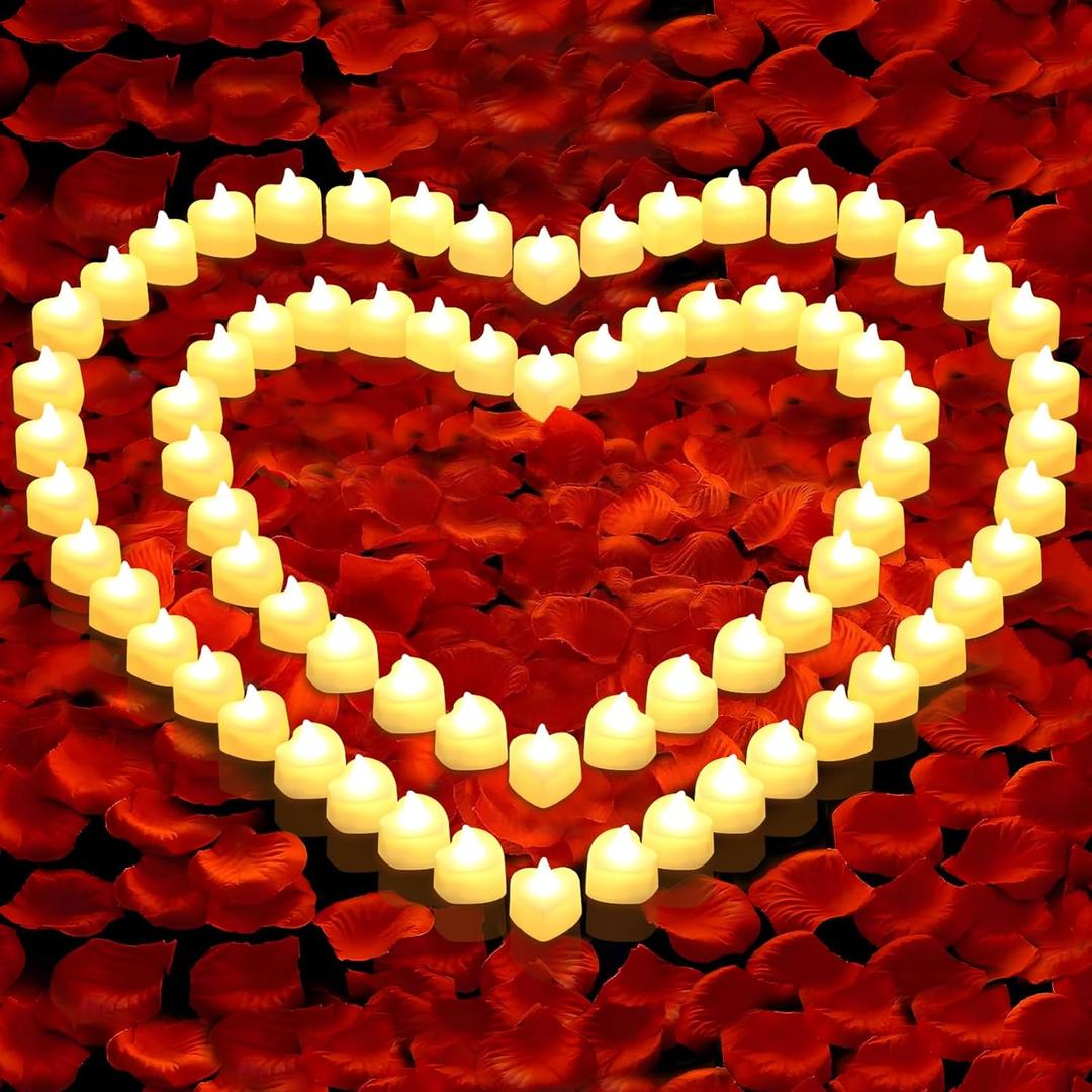 6000 PCS Artificial Rose Petals with 72 PCS Flameless LED Tea Lights Candles Decoration for Special and Romantic Night, Wedding Anniversary, Event, Party Decoration