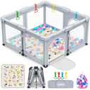 OCATO Baby Playpen with Mat: Foldable Playpen for Babies and Toddlers Play Pen Portable Playpens Fence Indoor Outdoor Kids Safety Area Play Yard with 50x50 Playpens Mat 4 Handlers 50 Balls (50"  50")