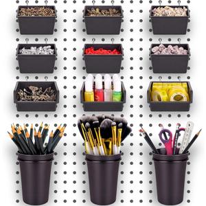 G.CORE 12 Pack Pegboard Bins PegBoard Cups with Hooks & Loops, Peg Board Hooks Assortment Organizer Accessory, Various Tools Storage Arrange System Kit for Garage Craft Workshop Workbench Hobby Office (Black)