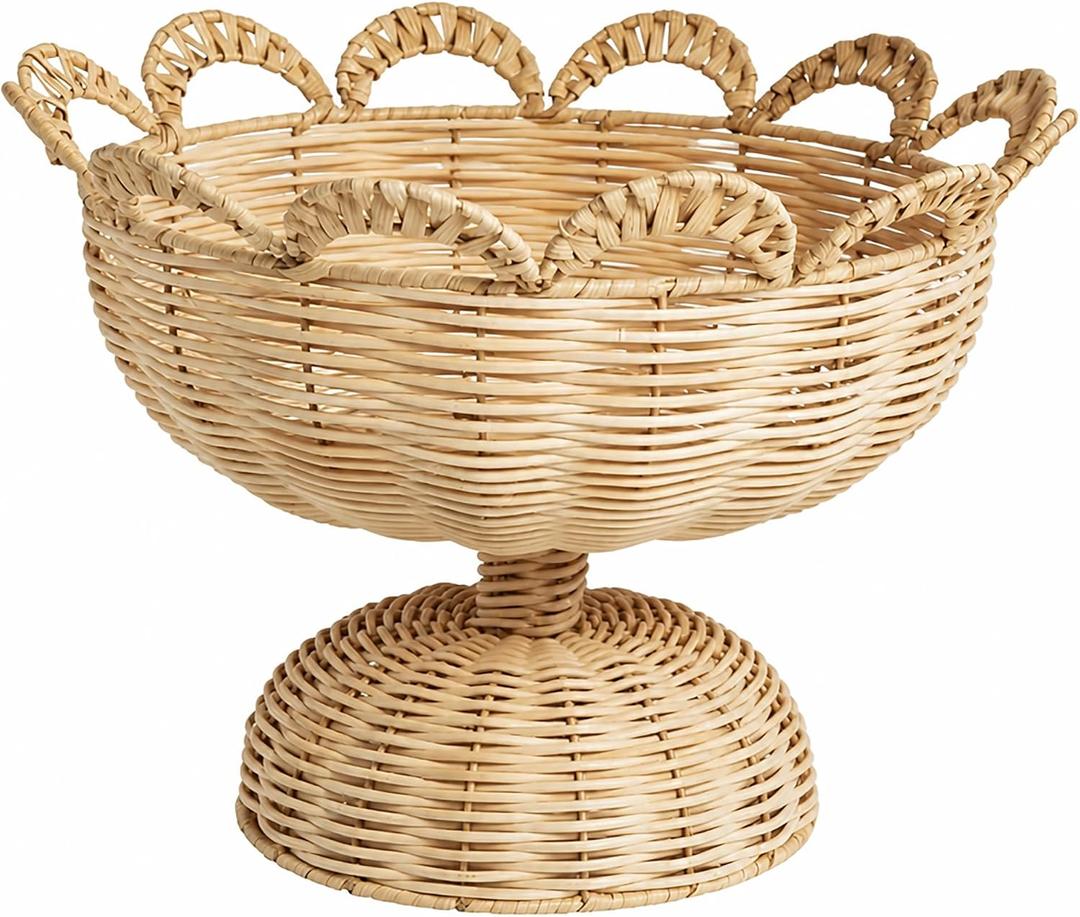 Mud Pie Rattan Pedestal Bowl with Scalloped Rim, Natural Wicker Basket Natural Woven Rattan Footed Bowl with Looped Scallop Edge for Fruit, Bread and Centerpiece Displays, 14.5"D x 14.5"W x 10.25"H