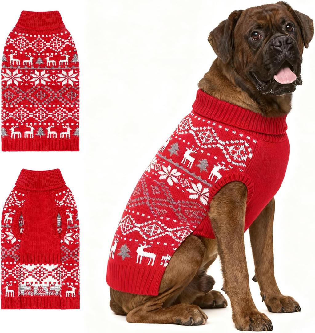 BWOGUE Extra-Large Dog Christmas Sweaters, Snowflake Reindeer Dog Turtleneck Sweaters with Leash Hole, Knitted Pullover Pet Clothes(3XL) (3XL(Neck 24.4"; Chest 38.6"))