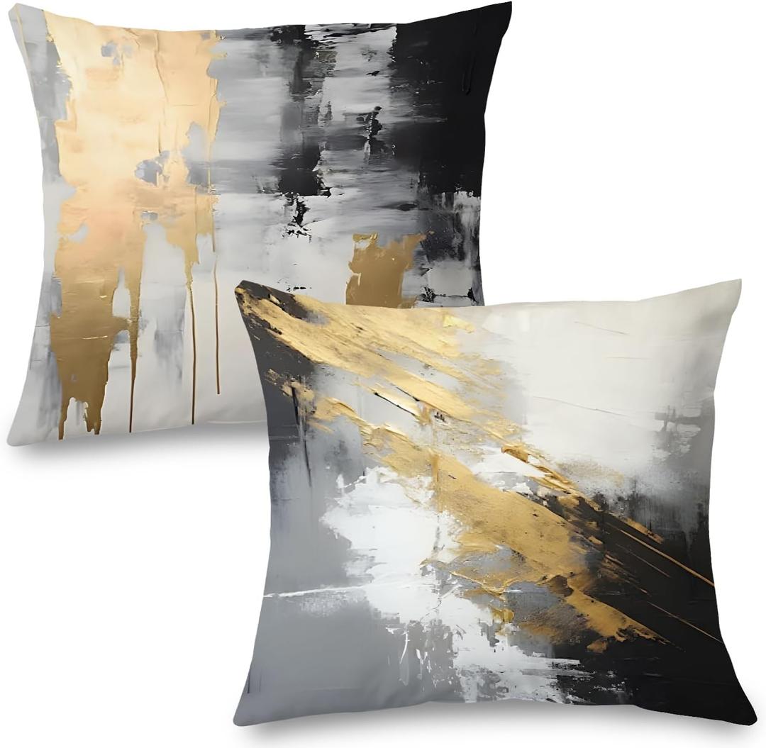 Black and Gold Pillow Covers, Decorative Pillow Covers for Couch Bed Living Room, Abstract White Black and Gold Pillow Covers 20x20 Set of 2