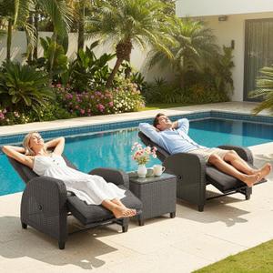 Green4ever 3-Peices Outdoor Patio Recliner with Adjustable Backrest, All-Weather Wicker Patio Chair with Side Table, 160 Lay Flat Patio Reclining Lounge Chair for Backyard Garden, Grey