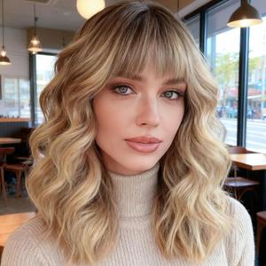 WERD Short Blonde Wavy Wig for Women Blond Bob Wig with Bangs Natural Looking Synthetic Heat Resistant Curly Ombre Blonde Hair Wig for Colorful Cosplay Part Use