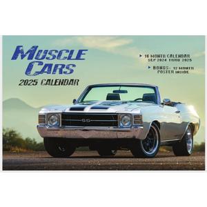 2025 Muscle Cars Deluxe Wall Calendar, 12 Months, with Free Poster, White/blue