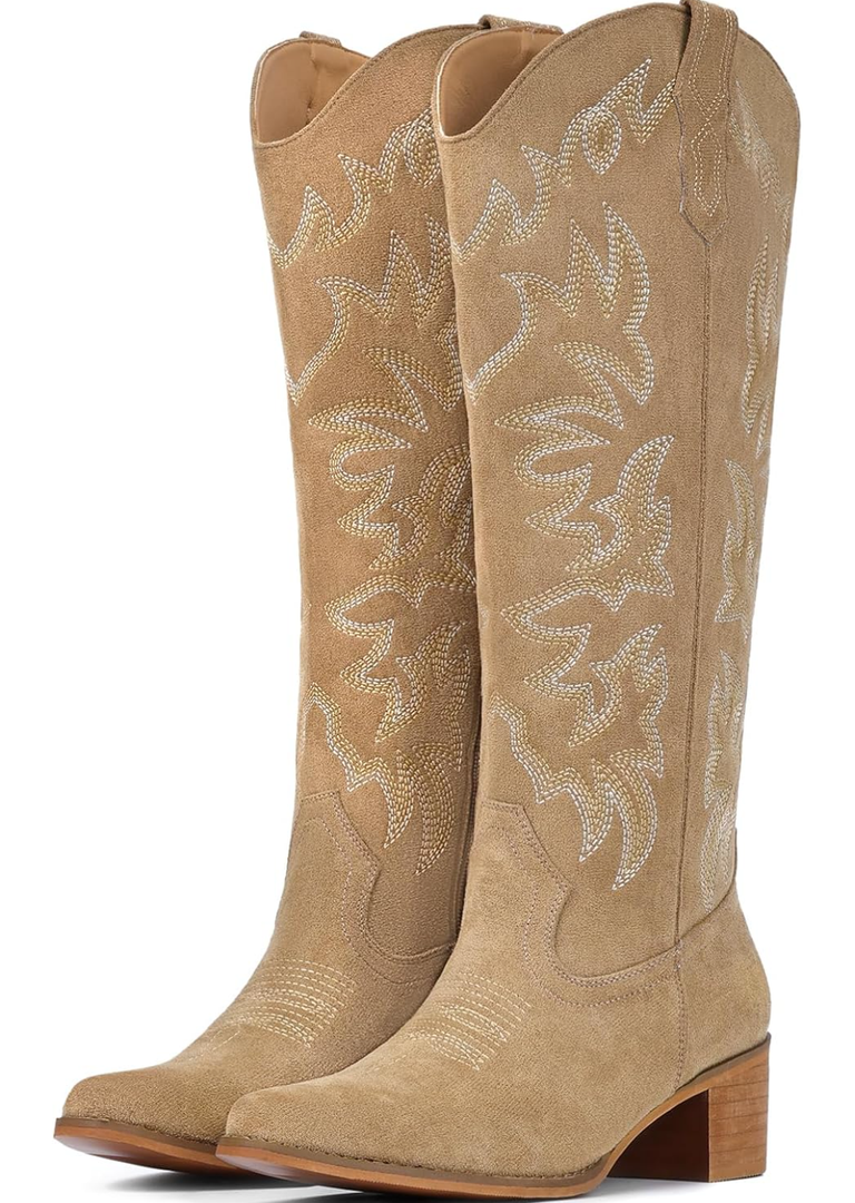 IUV Cowboy Boots For Women Knee High Western Cowgirl Boots Snip Toe Side Zipper Chunky Heel, 05