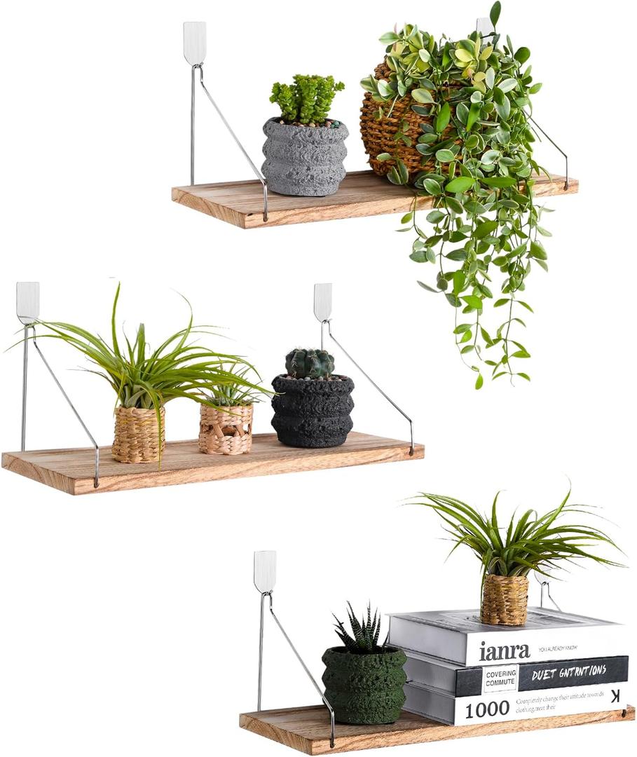 MITIME Floating Shelves Set of 3 Rustic Solid Wood Floating Shelf Wall Storage Shelves for Living Room, Bedroom, Bathroom, Kitchen Laundry, Office,no Drill Shelf(Light Color L+L+L)