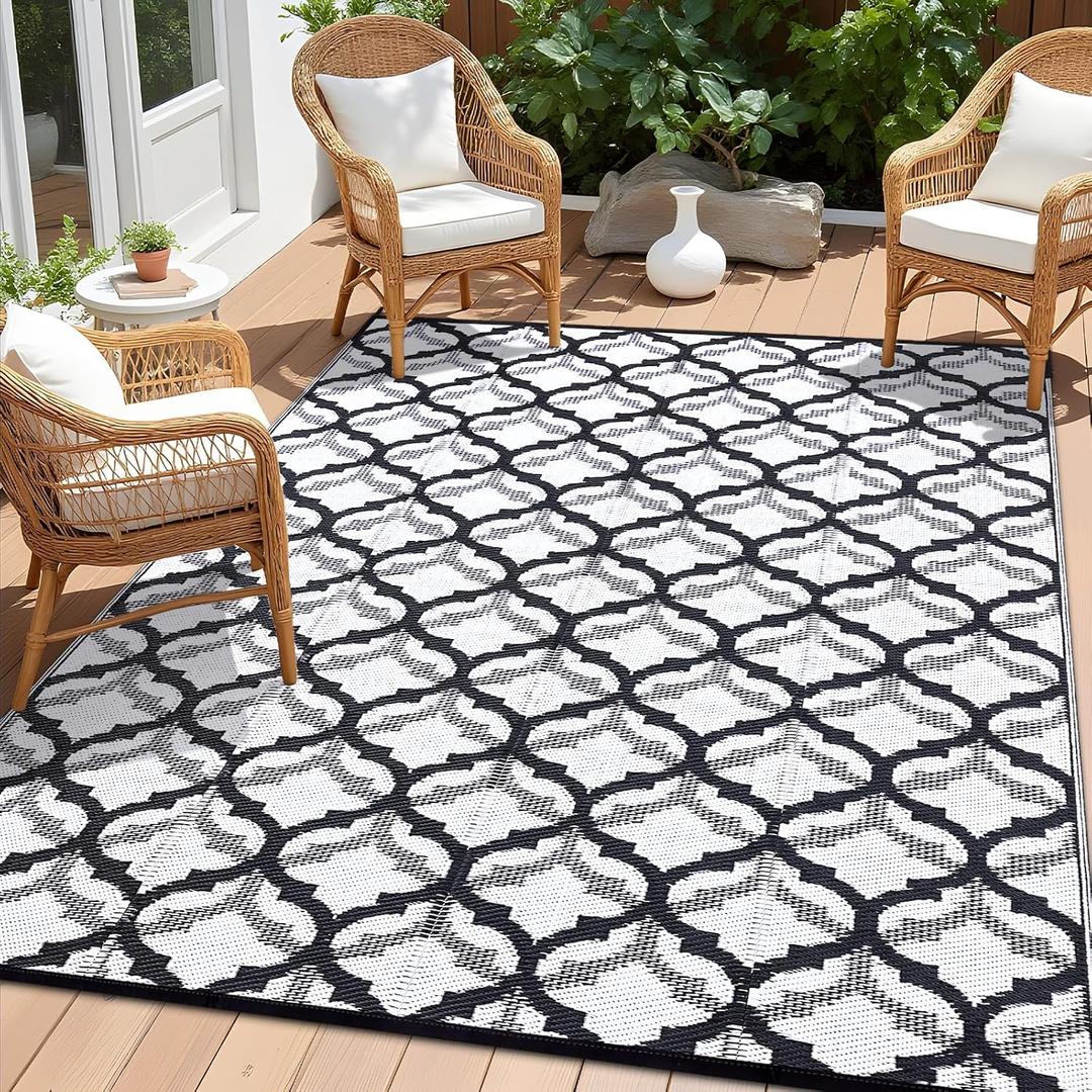 OLANLY Reversible Outdoor Rug 9x12 ft Clearance, Waterproof Outdoor Plastic Straw Rug with Interlacing Pattern, RV Mat for Patio, Camping, Balcony, Deck, Backyard, Black & White (9' x 12')