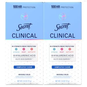 Secret Clinical Strength 100HR Sweat & Odor, Completely Clean Invisible Solid Antiperspirant Deodorant for Women, 3X Stress Protection with Hyaluronic Acid, Completely Clean Scent, 2.6 oz (Pack of 2)