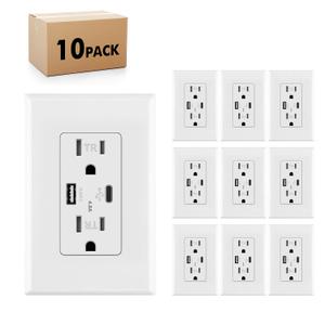 Micmi USB Outlet with C + A Wall Dual High Speed Receptacle Smart 4.8A Fast Charging Capability,15Amp 125Volt, Tamper Resistant Wall Plate Included (10Pack, White, 15 Amp Outlet)