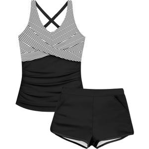 Girls Tankini Swimsuits 2 Piece Criss Cross Ruched Swimwear Printed Swim Shorts Girl Bathing Suit for 9-16 Years (Black Stipe)