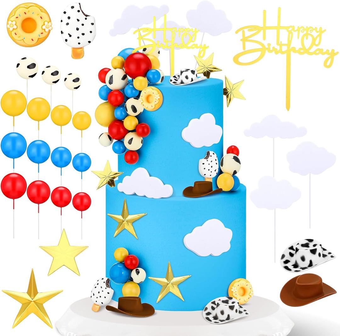 57 Pcs Cartoon Cake Topper Kit Cow Birthday Party Decorations Red Blue and Yellow Cake Toppers Cow Baby Shower Supplies for Cupcake Party Decorations