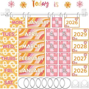 2 x Flip Classroom Calendar Set with Adjustable Holder, Pink, Daisy