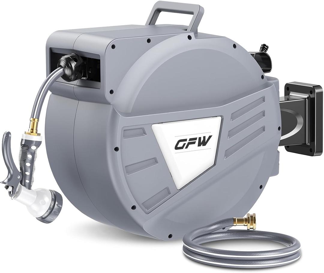 GOFORWILD Retractable Garden Hose Reel, 1/2 Inch x 90 ft Wall Mounted Water Hose Reel with L-shaped and Straight Hose Nozzles, 180Swivel Bracket, Slow Rewind System, Any Length Lock (Grey)