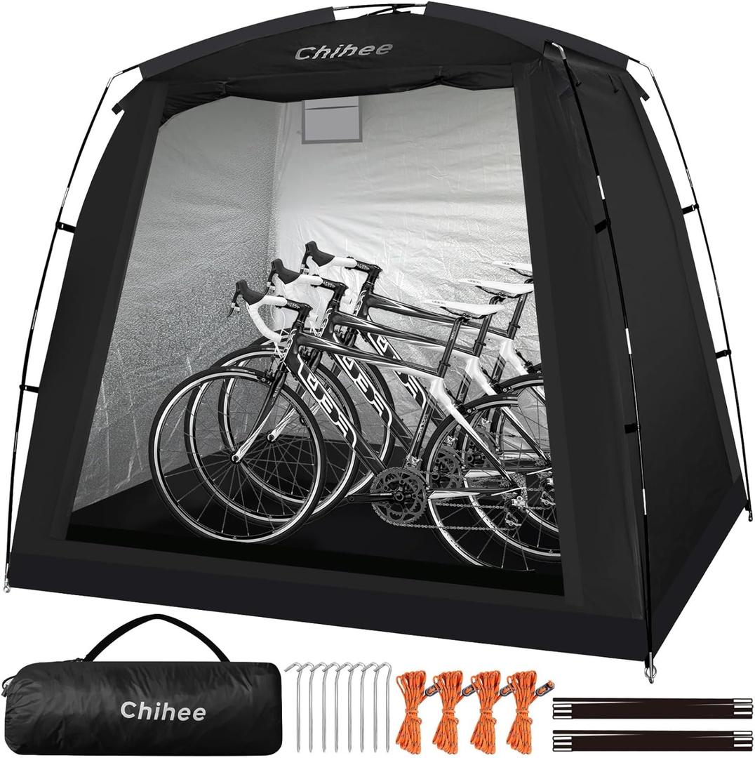Chihee Bike Covers Shelter Bicycle Storage Sheds Travel Bike Tent Portable Waterproof Bicycle Cover for 2-3 Bikes 2 Doors Outdoor Storage for Motorcycle Garden Tools Lawn Mower All Seasons Easy Setup (Black)