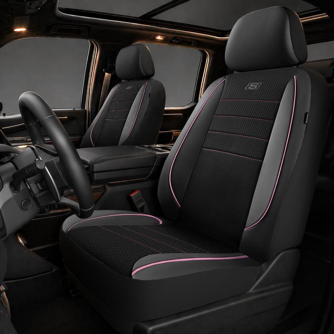 Skechers Memory Foam Car Seat Covers, Air Cool Mesh Thick Seat Covers, Car Seat Covers Front Seats Airbag Compatible, Automotive Comfort Protection for Most Cars, Vans,Trucks, SUVs,Pink