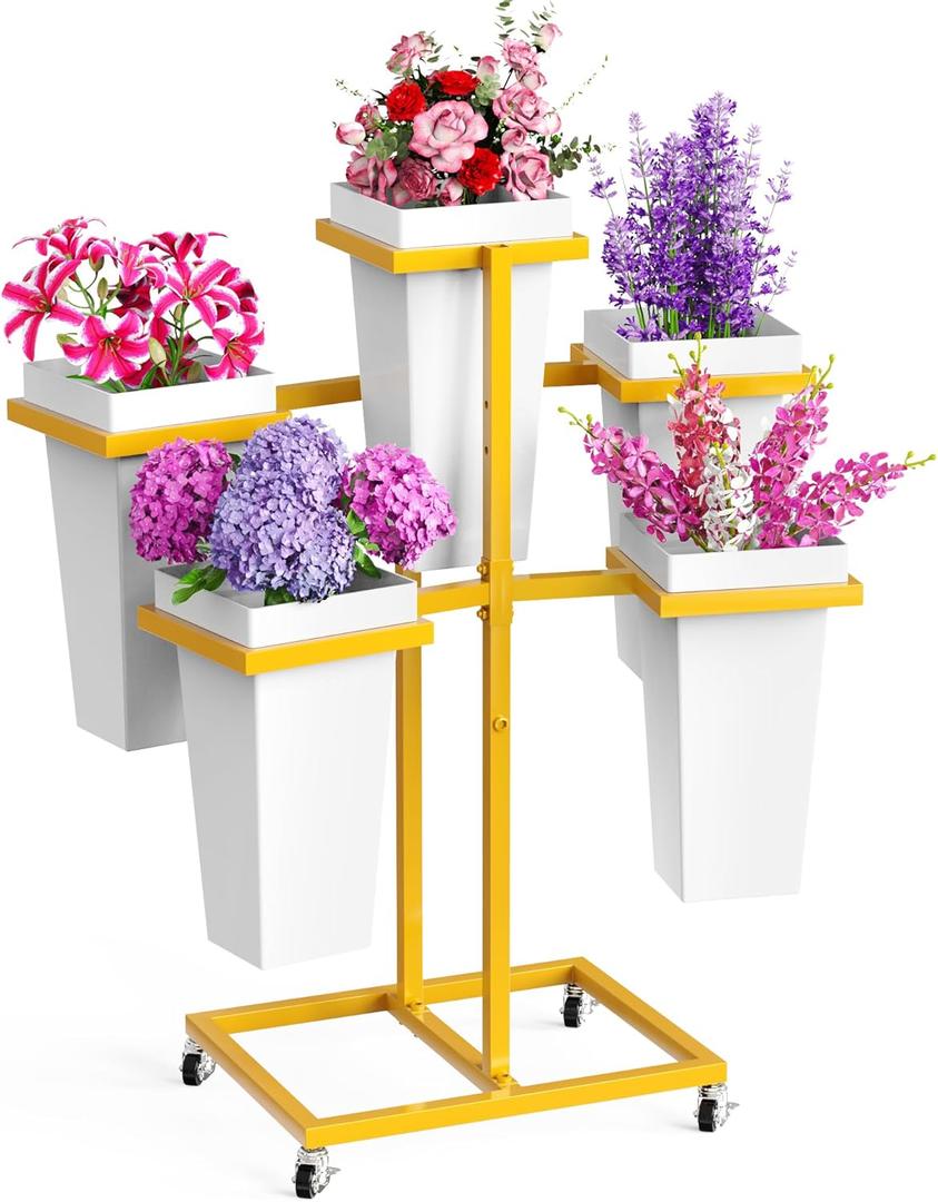 Flower Display Stand with Buckets Wedding Flower Cart with Wheels, Gold Flower Pot Stand, Moving Florist Bouquet Shelf for Weddings Party Bridal Shower Event Patio Garden Living Room Decor (16.54"L x 12.6"W x 31.5"H)