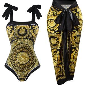 One Piece Bathing Suit for Women with Beach Cover up Wrap Skirt Swimsuit Sarong Retro Floral Print Bikini Set (Small, Gold and Black)
