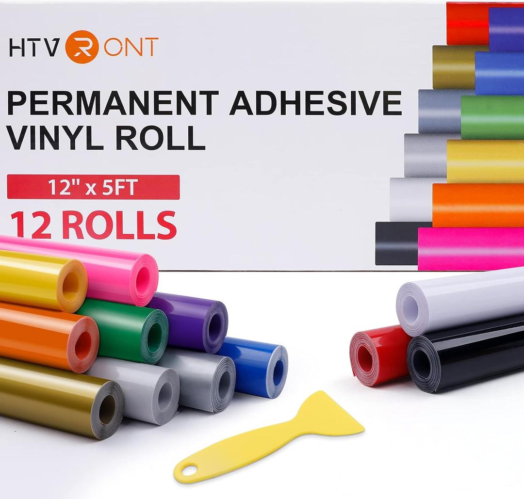 HTVRONT Permanent Vinyl Bundle -12 Pack 12 Inch by 5 Feet Permanent Adhesive Vinyl Rolls Compatible with Cricut Cutting Machine, Silhouette, Cameo Cutters, Signs, Scrapbooking, Craft, Die Cutters (Multicolor)