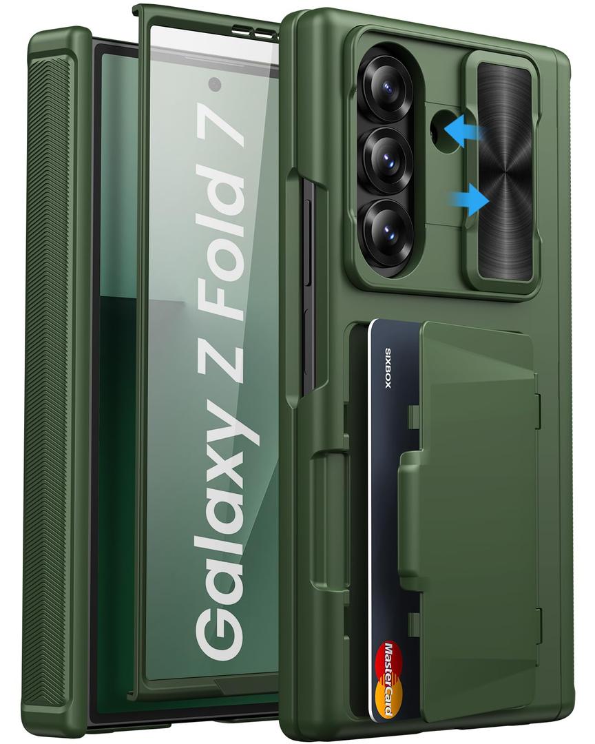 for Samsung Galaxy Z Fold 7 Case with Card Holder & Screen Protector, Built-in Hinge Protection & Slide Lens Cover, Durable Heavy Duty Hard Back Protective Phone Case for Galaxy Z Fold 7, Green