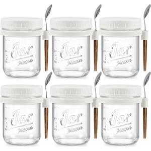 6 Pack Overnight Oats Containers with Lids and Spoons, 16 oz Glass Mason Overnight Oats Jars, Large Capacity Airtight Jars for Milk, Cereal, Fruit(White)