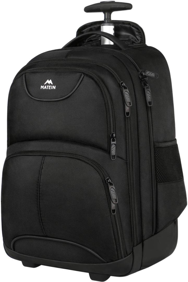 MATEIN Wheeled Backpack, 18 inch Laptop Backpack with Wheels for College, Rolling Travel Backpack, Carryon Trolley Luggage Suitcase Compact Business Computer Bag for Men Women, Black
