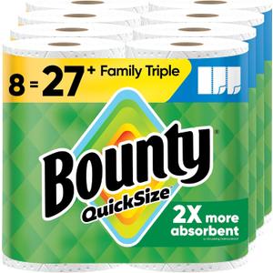 Bounty Quick-Size Paper Towels, White, 8 Family Triple Rolls = 27 Regular Rolls (141 sheet (Pack of 8))
