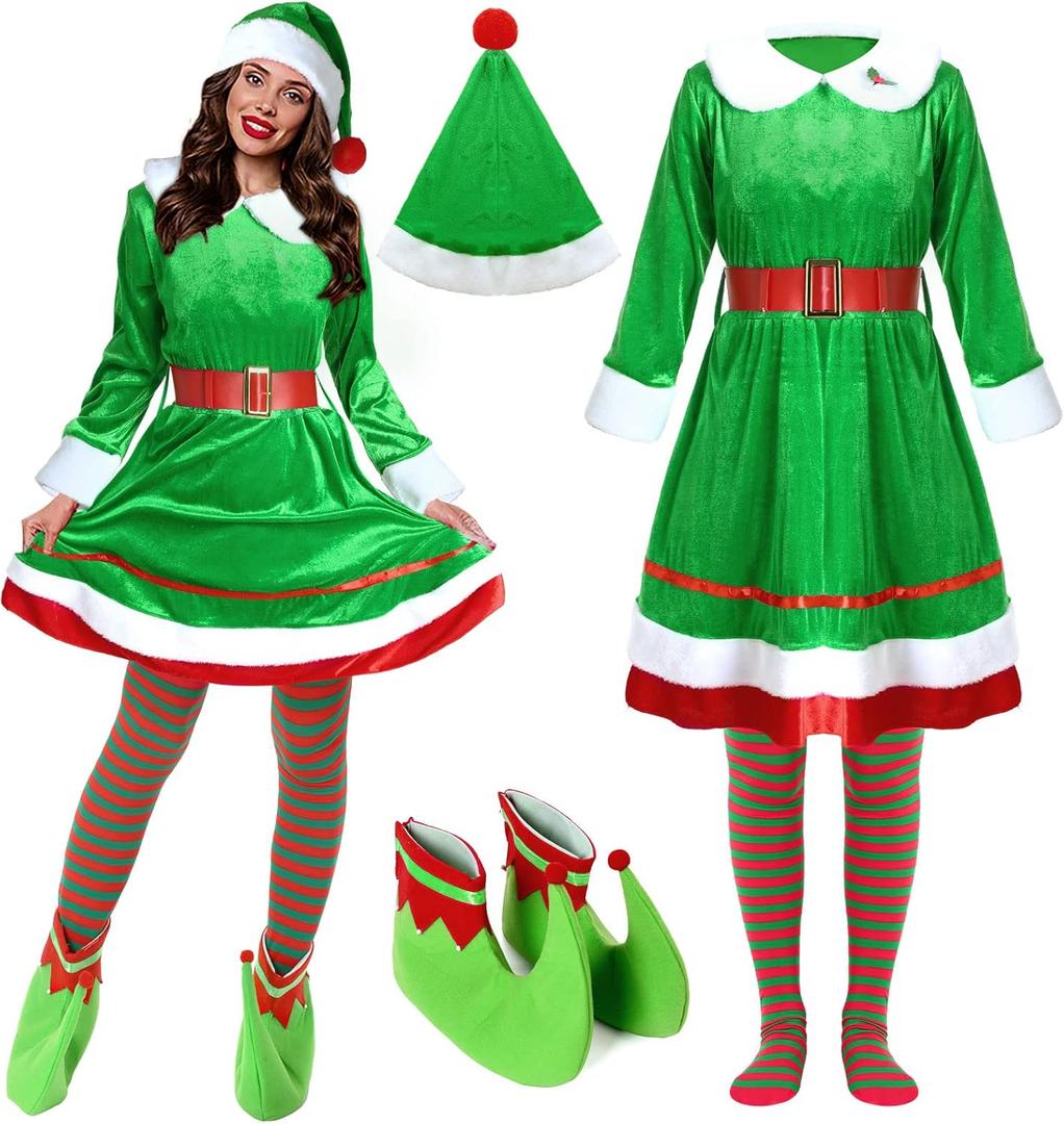 Jinei 6 Pcs Adult Elf Costume for Women Velvet Christmas Elf Cosplay Dress Outfit Santa Helper Elf Shoes Xmas Hat Stockings (One Size, Classic)