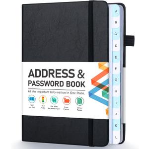 Address Book, Address and Password Keeper Book with Alphabetical Tabs, Hardcover Telephone Book Address Organizer Record with Pocket, Colored Pages, 5.3" x 7.7", Black
