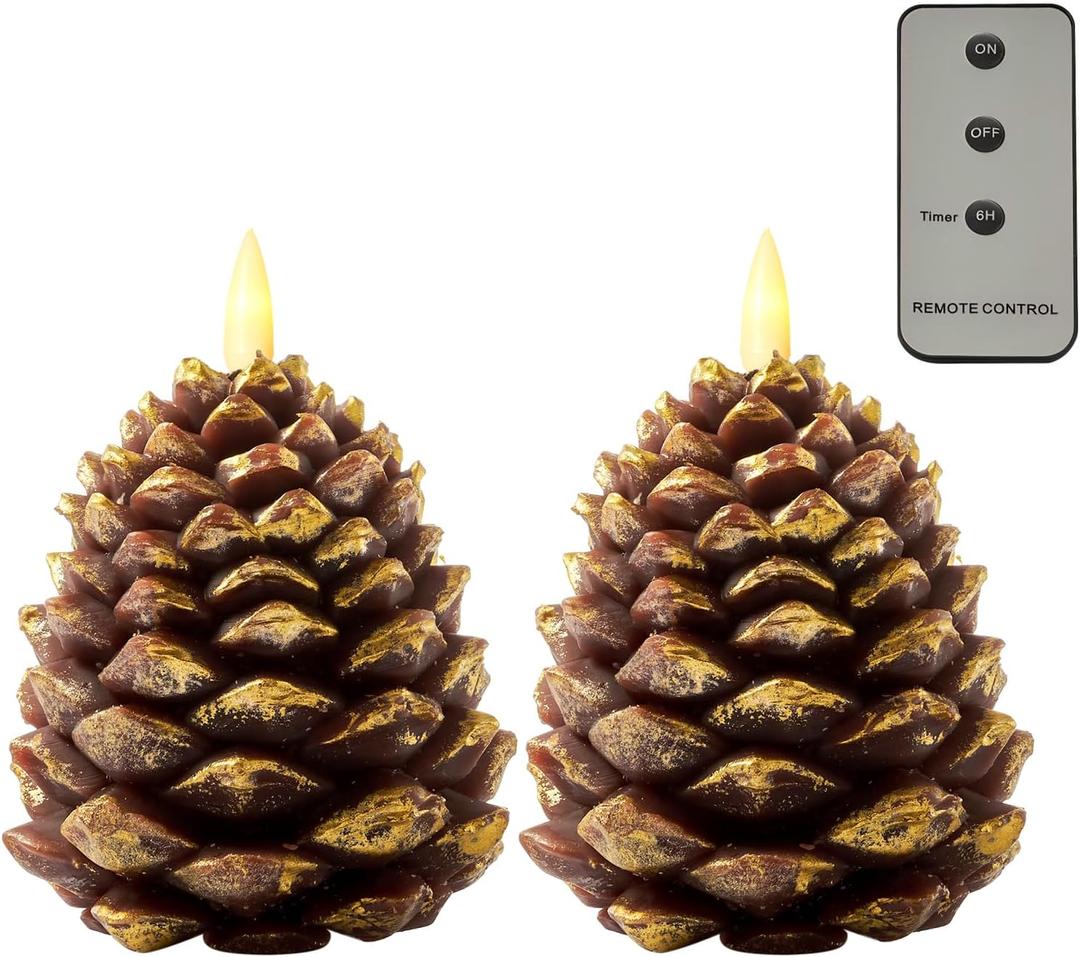 DN DECONATION Flameless Pinecone Candles for Christmas Table Decor, Led Pine Cone Candle with Remote and Timer, Battery Operated Christmas Candle Pinecones Decoration Indoor Holiday (Set of 2)