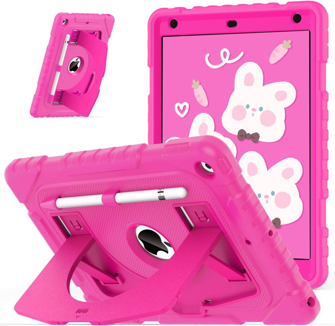 OKP Case for iPad 9th/ 8th/ 7th Generation 10.2 Inch (2021/2020/2019), Shockproof Rugged Heavy Duty i Pad 9 8 7 th Gen Protective 10.2'' Cover with Pencil Holder/Kickstand, Hot Pink
