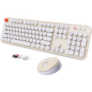 Wireless Keyboard and Mouse Combo, Ergonomic Full Size Typewriter Retro Round Keycaps Keyboard, Compatible with Windows, PC, Perfer for Home and Office Keyboards (Beige (Creamy white)
