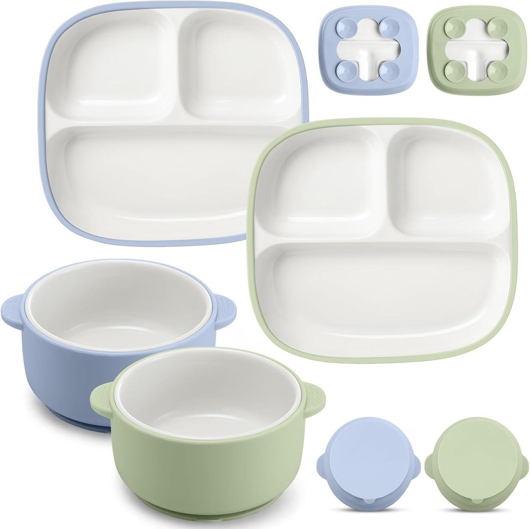 Domensi 4 Pcs Square Porcelain Kid Plate and Bowl Set with Suction, 2 Ceramic Toddler Divided Plate 2 Baby Anti Slip Silicone Sleeve Bowl for Feeding Supplies Microwave Dishwasher Safe(Blue, Green)