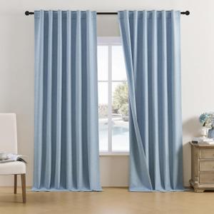 DUALIFE Extra Long 132 Inch Linen Blackout Curtains 2 Panels, Rod Pocket/Back Tab/Hook Belt Full Light Blocking Shade Curtains for Sliding Glass Door,50 Wide x 132 Length 11 FT, Dusty Blue