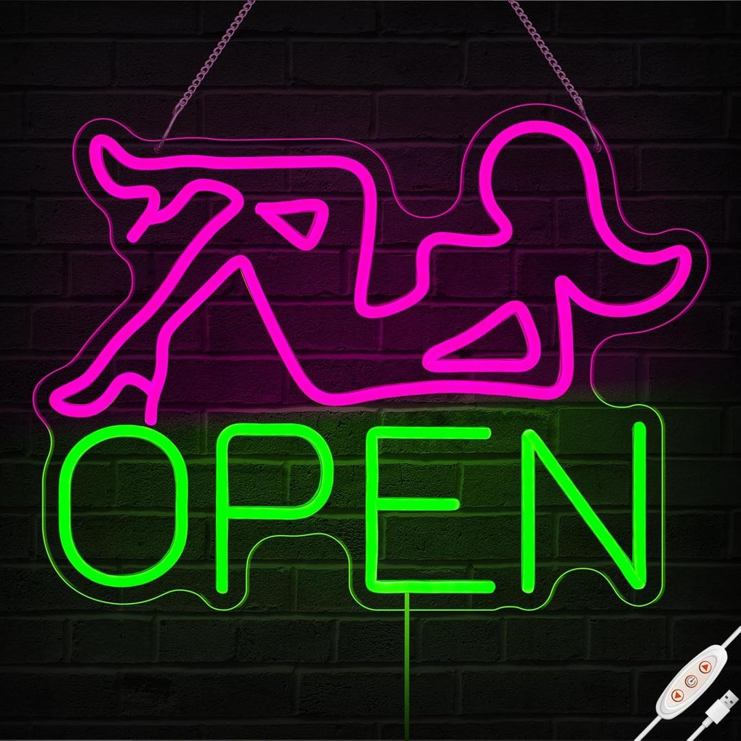 Open Neon Signs, 16.5"x12.5" Pink Lady LED Bar Neon Light Sign for Wall Decor, Bar, Restaurant Hotel, Shop, Club Decor Party Wall Art, USB Powered with Adjustable Brightness Switch,  Color: Green Pink OPEN