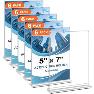 EHWINE 6 Pack Acrylic Sign Holders - 5 x 7, Double-Sided Stand Up Table Top Sign Holders, Clear Acrylic Picture Frame Menu Flyer Paper Display Stand for Office Business Store Wedding Party